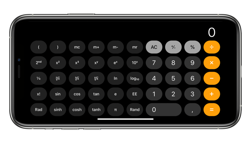 iPhone liggend: rekenmachine in landschapsweergave.