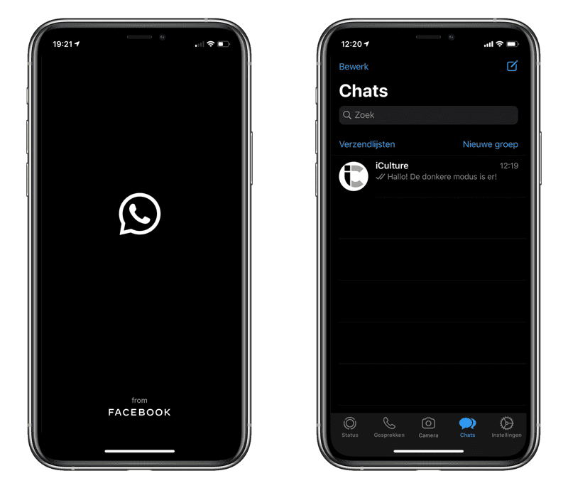 WhatsApp donkere modus met startscherm en chats.
