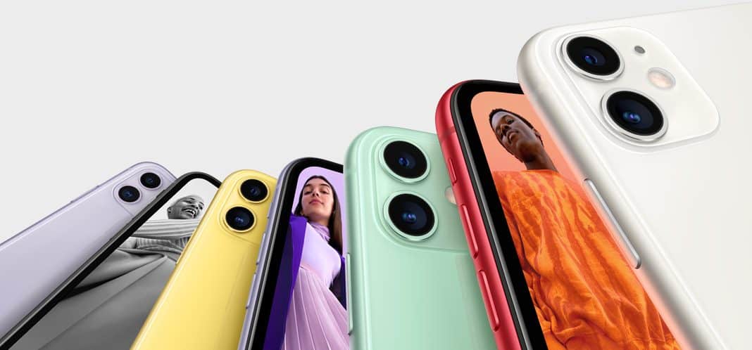 iPhone 11 ingezoomd met meerdere kleuren.