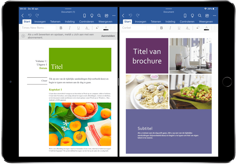 Microsoft Office met meerdere vensters op de iPad.