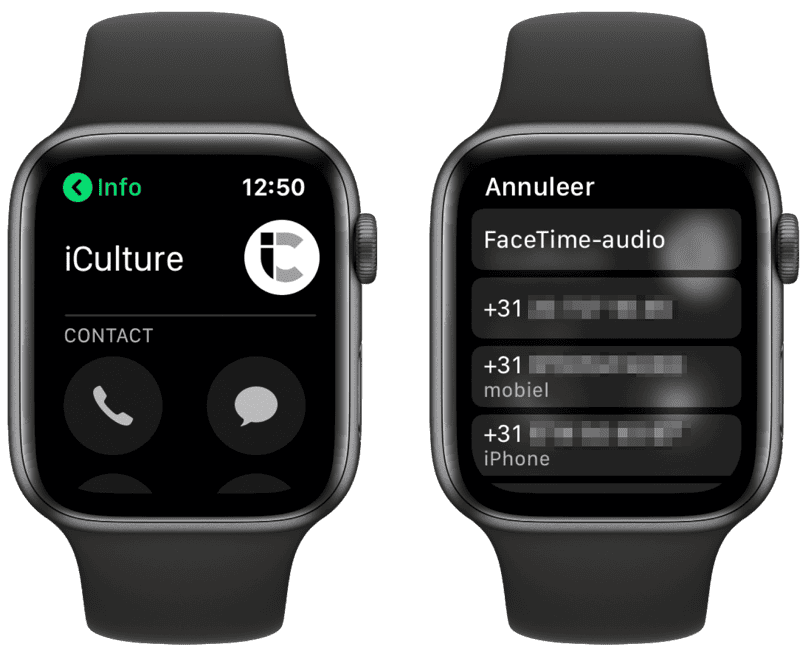 Bellen met Telefoon-app op Apple Watch.
