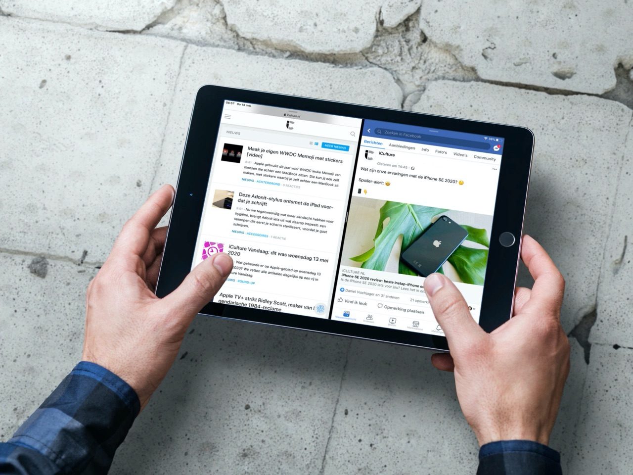 Facebook op iPad met Split View, samen met Safari.
