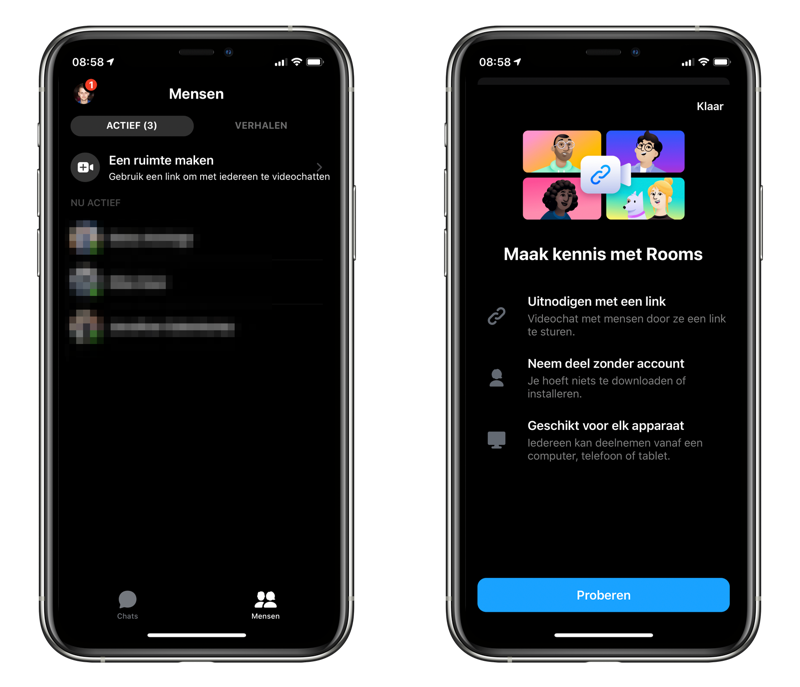 Messenger Rooms starten in de Messenger-app.