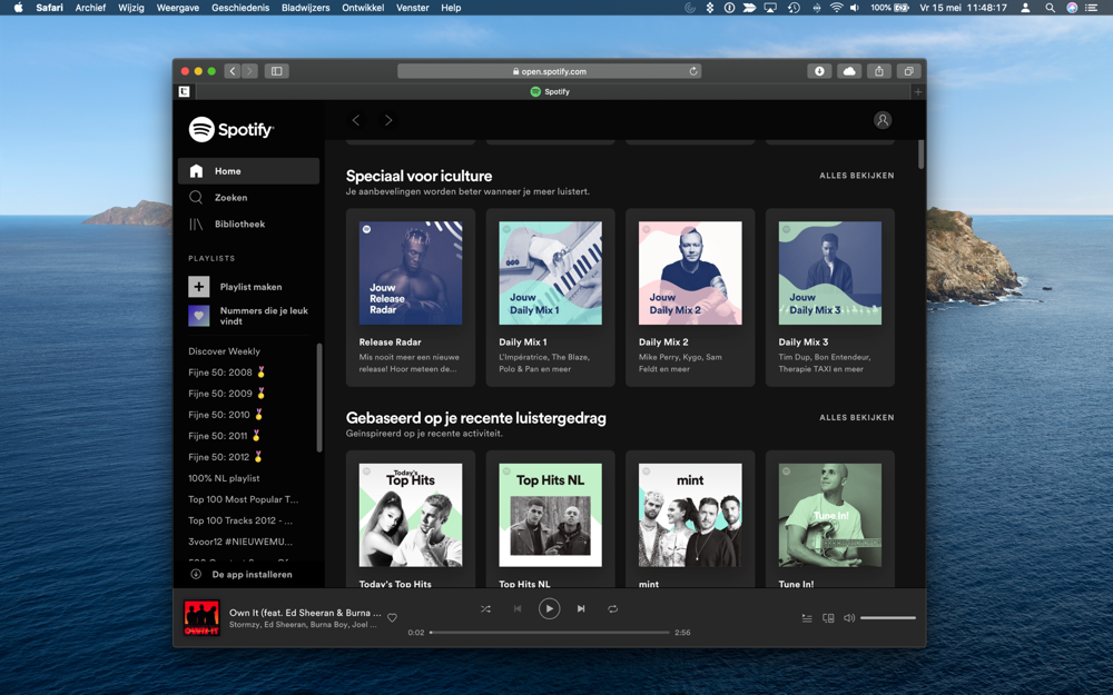 Spotify op het web in Safari.