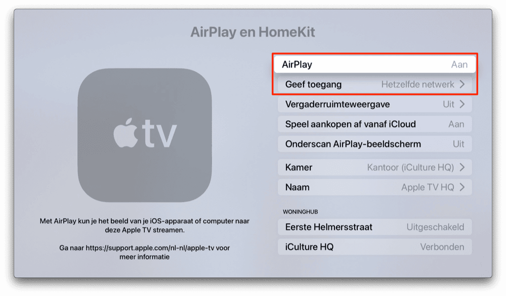 Apple TV AirPlay inschakelen