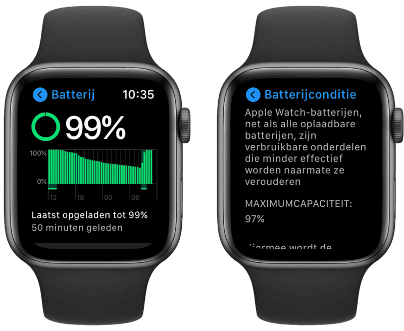 watchOS 7 batterijgrafiek op Apple Watch.