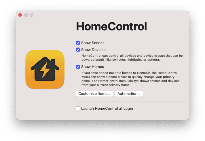 Voorkeuren HomeControl Menu voor HomeKit.