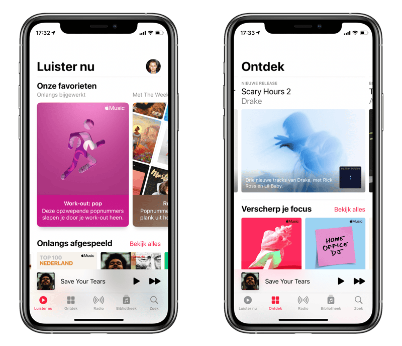 Apple Music-app met Luister nu en Ontdek.