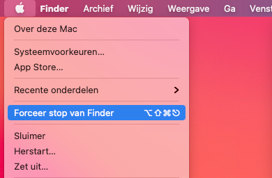 Forceer stop (Finder) via menu in macOS Big Sur.
