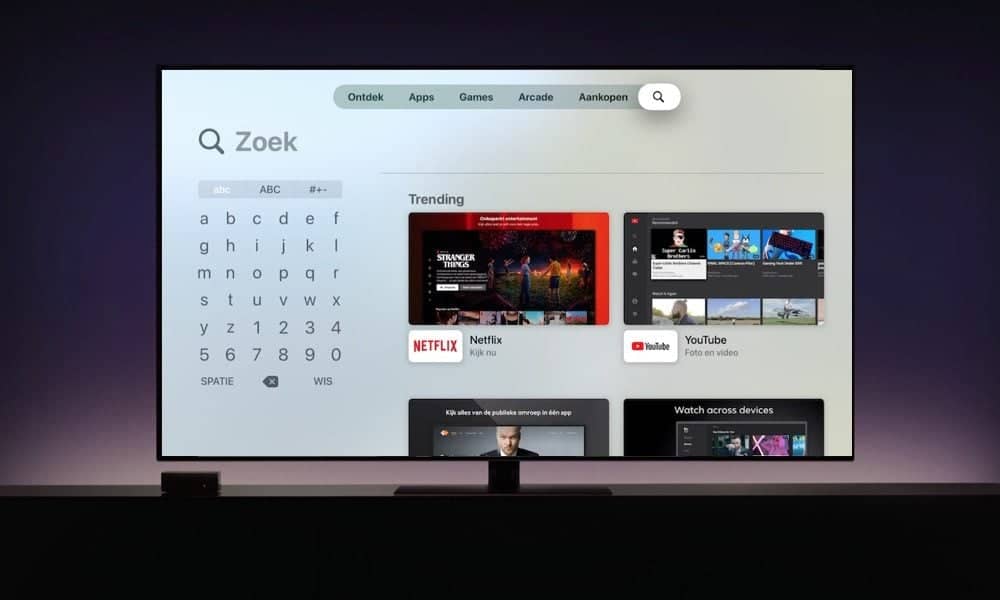 Zoeken op de Apple TV met een vierkant toetsenbord.