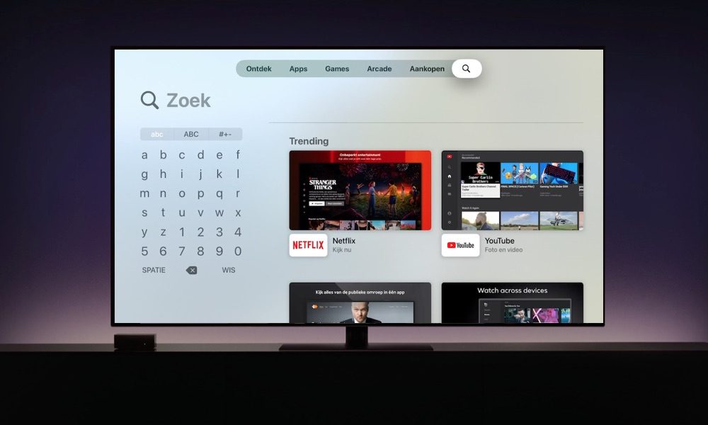 Zoeken op de Apple TV met een vierkant toetsenbord.