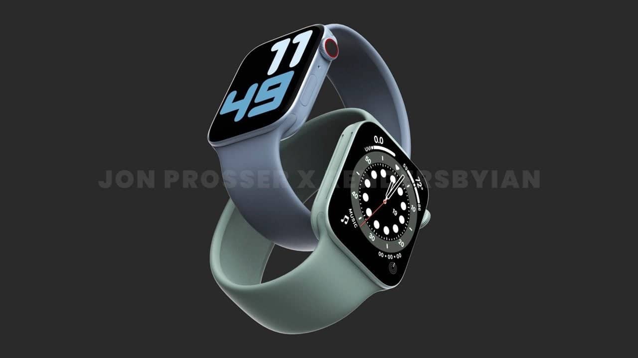 Apple Watch Series 7 renders in blauw en groen.