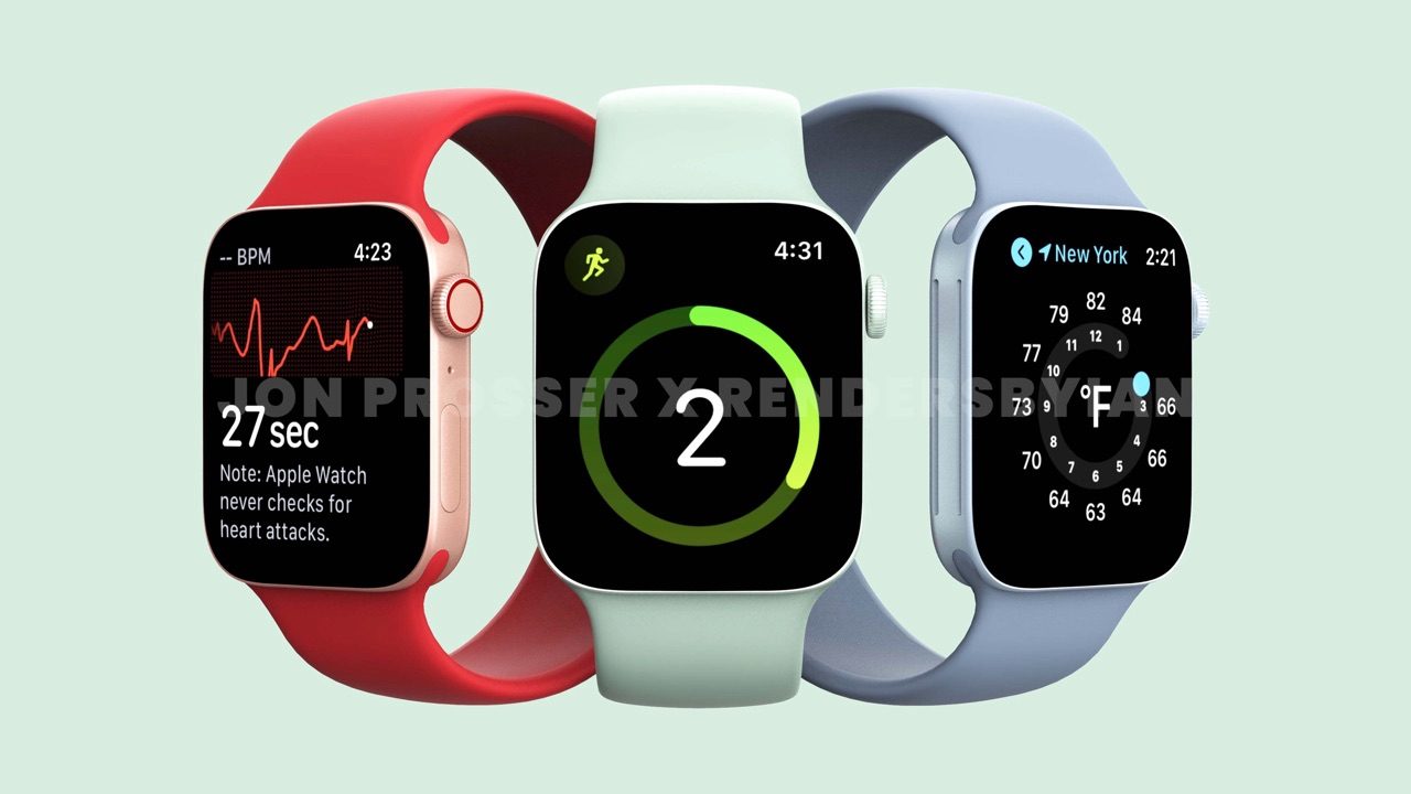 Apple Watch Series 7 renders in rood, groen en blauw.