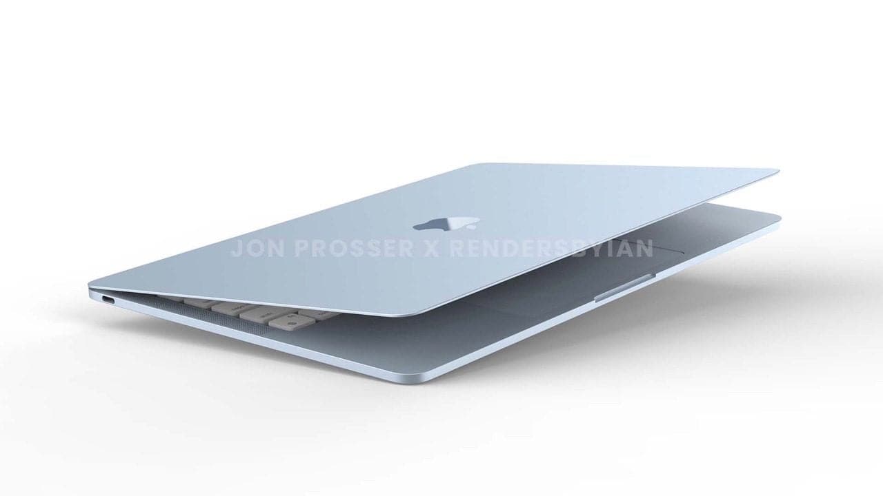 MacBook Air 2021 render in het blauw met klep geopend.