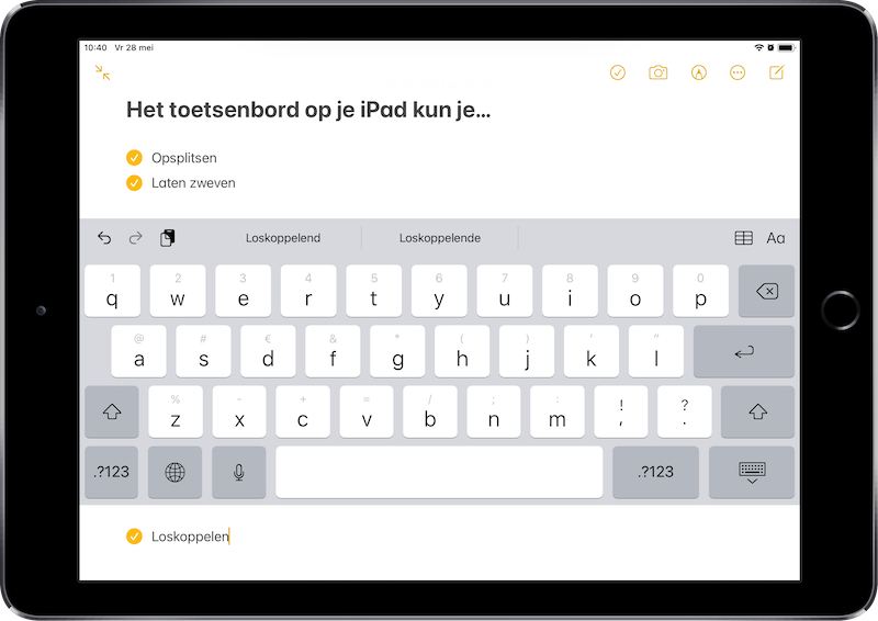 repertoire Honderd jaar verontschuldiging Gebruik een zwevend of gesplitst toetsenbord op de iPad