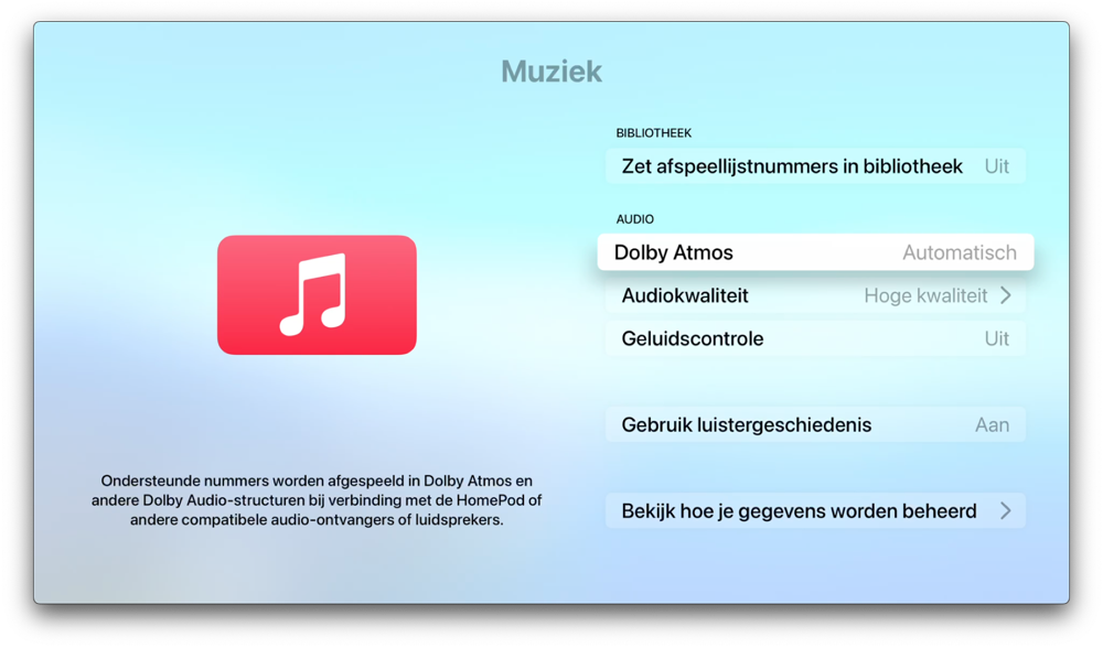 Op Apple TV Dolby Atmos muziek afspelen.