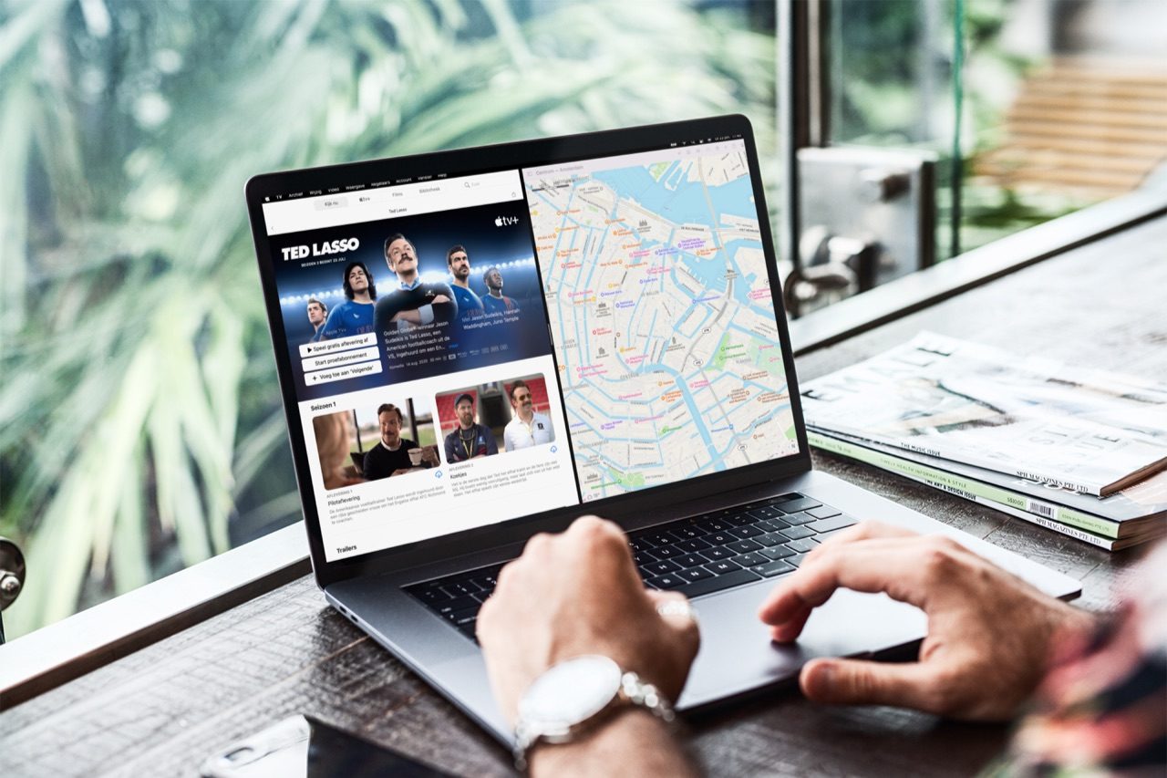 Split View op de Mac in macOS Monterey.