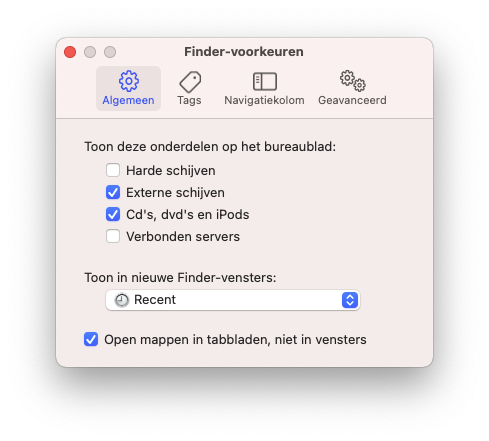 Mac Finder voorkeuren: icoontjes verbergen van bureaublad.