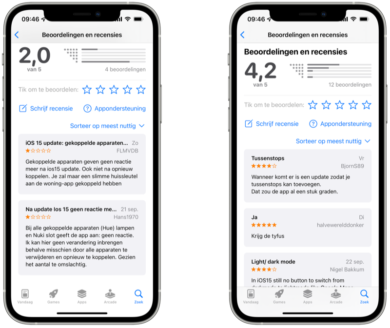 App Store reviews van Apple's standaardapps zoals Woning en Apple Kaarten.
