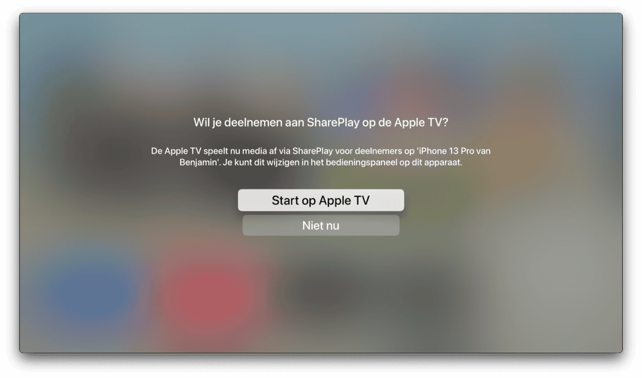 SharePlay starten op de Apple TV via Bedieningspaneel.