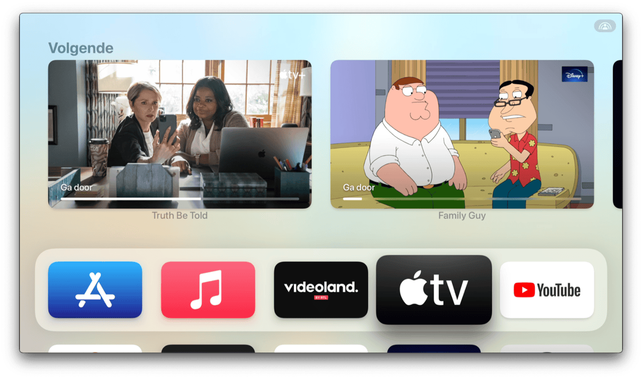 SharePlay via FaceTime op de Apple TV met icoontje op beginscherm (rechtsboven).