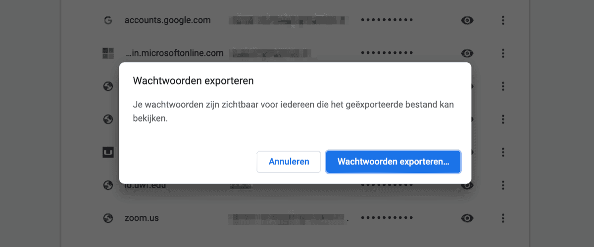Google Chrome wachtwoorden exporteren