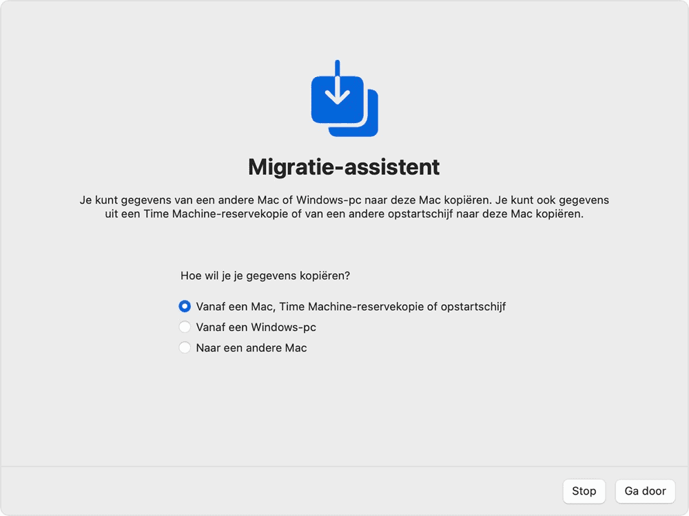 Startscherm Migratie-assistent op de Mac voor gegevens overzetten.
