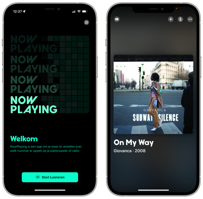 NowPlaying introductiescherm en herkende muziek