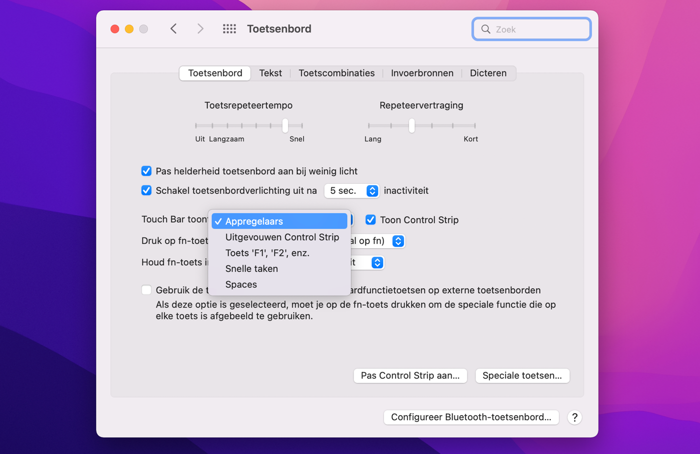 Touch Bar instellingen van Systeemvoorkeuren