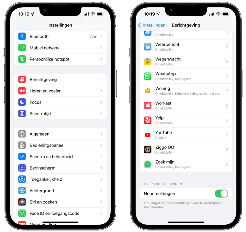 NL-Alert inschakelen en instellen op de iPhone via noodmeldingen in iOS 15.