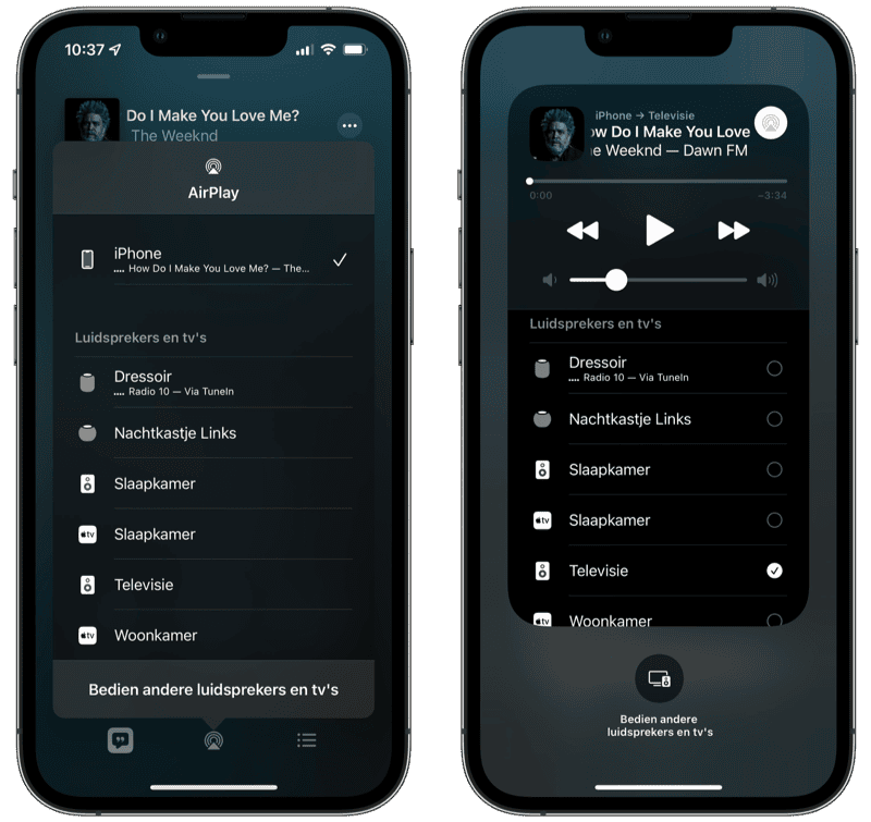 AirPlay activeren in de Muziek-app of via het Bedieningspaneel.