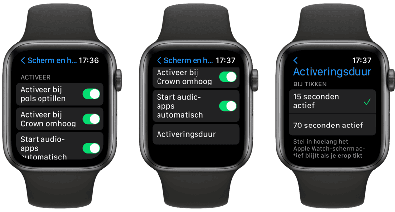 Batterijduur Apple Watch verlengen: activeer scherm aanpassen.