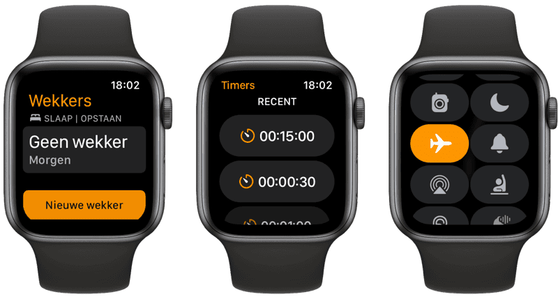 Wekker, timer en vliegtuigmodus op Apple Watch kan helpen bij verlengen accuduur.
