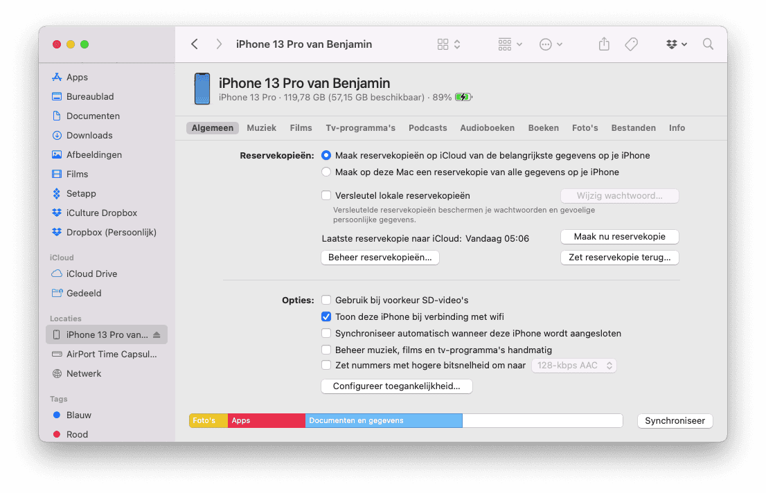 Lokale backup van de iPhone op de Mac via de Finder.