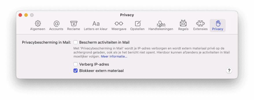 Mail Blokkeer extern materiaal-optie op de Mac.