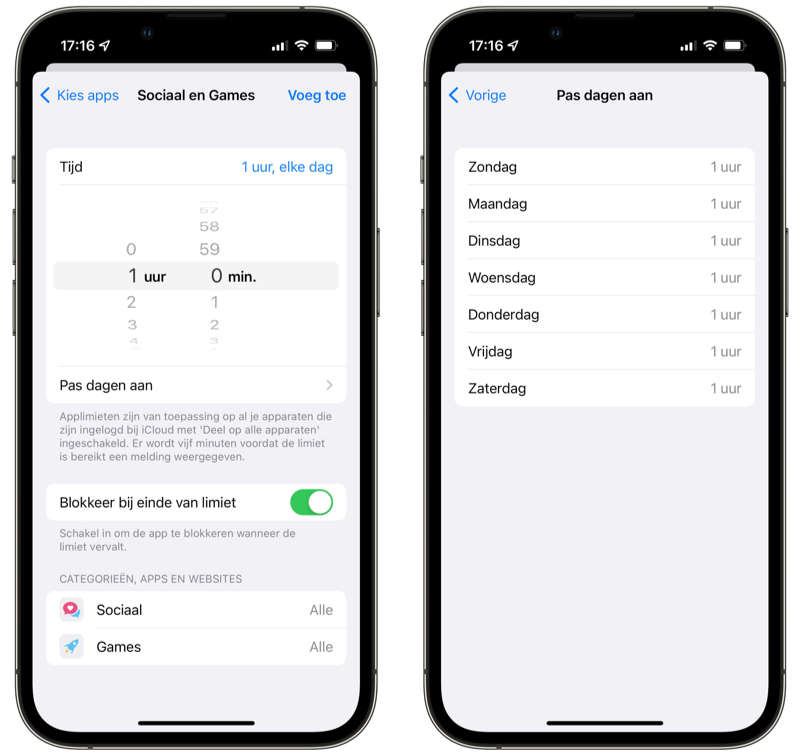 Time and schedule for app limits in Screen Time.