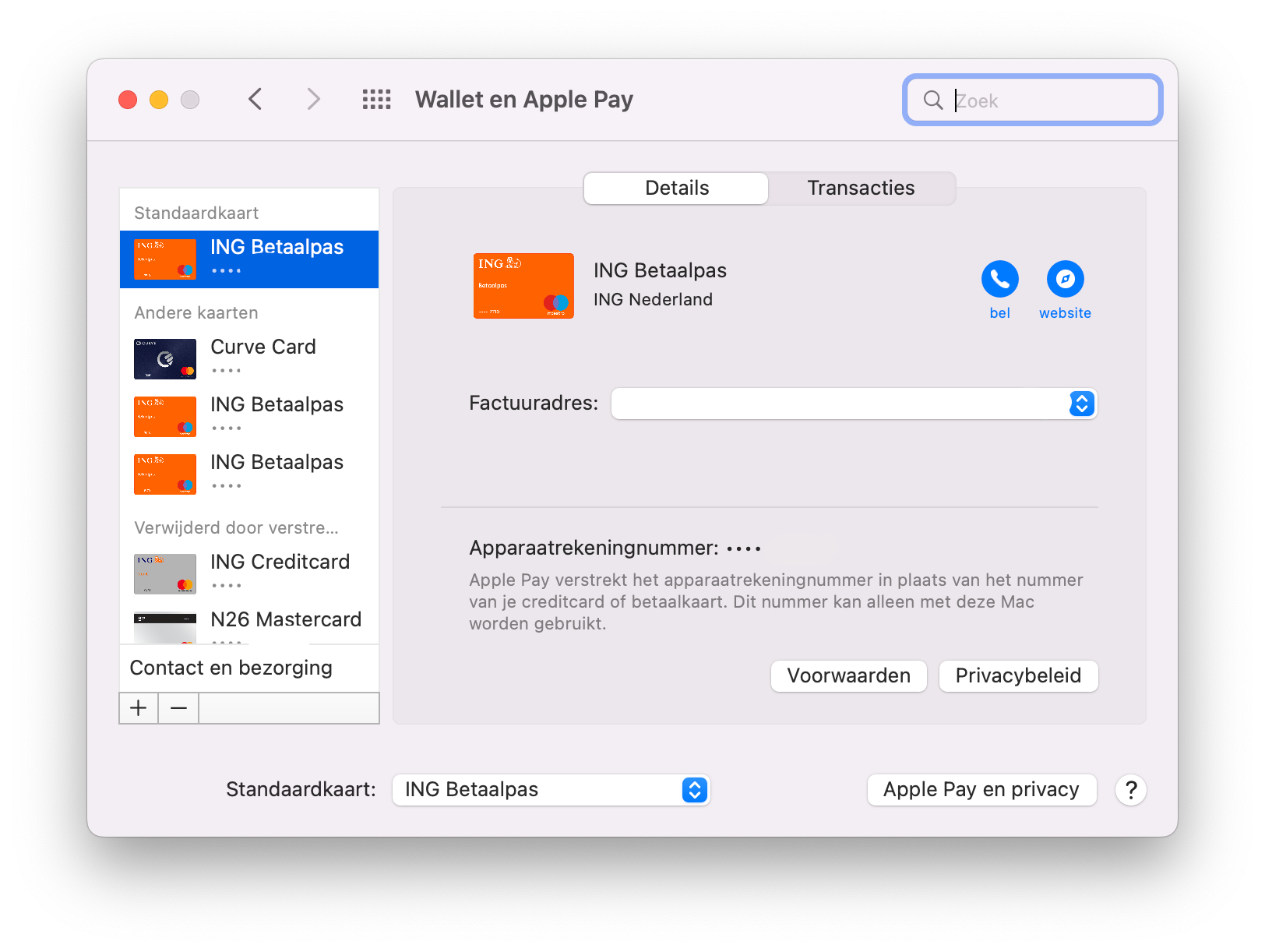 Apple Pay standaardkaart op de Mac.