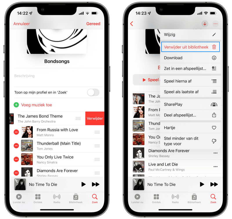 Apple Music afspeellijst: muziek verwijderen.