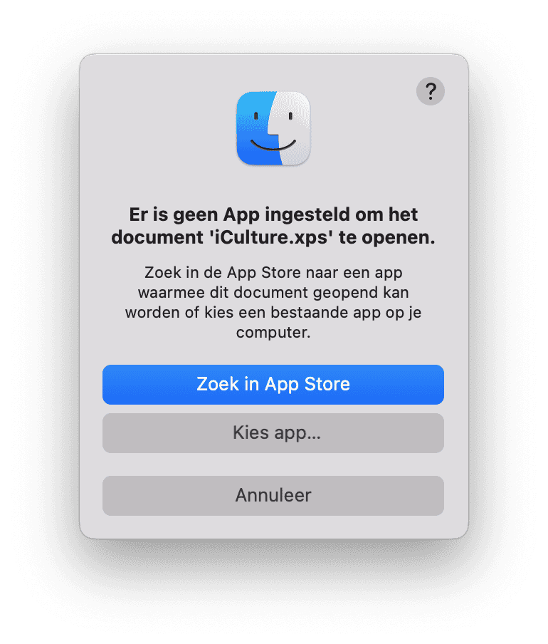 Zoek in App Store melding bij ontbrekende app op de Mac.