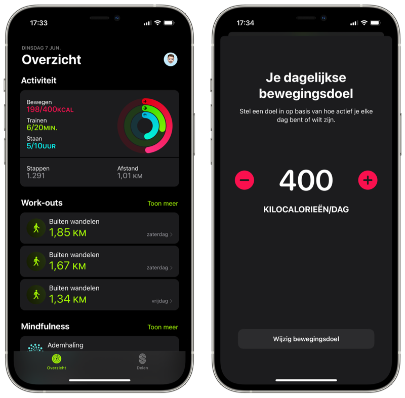 Conditie-app op iPhone met stappen en doelen wijzigen.