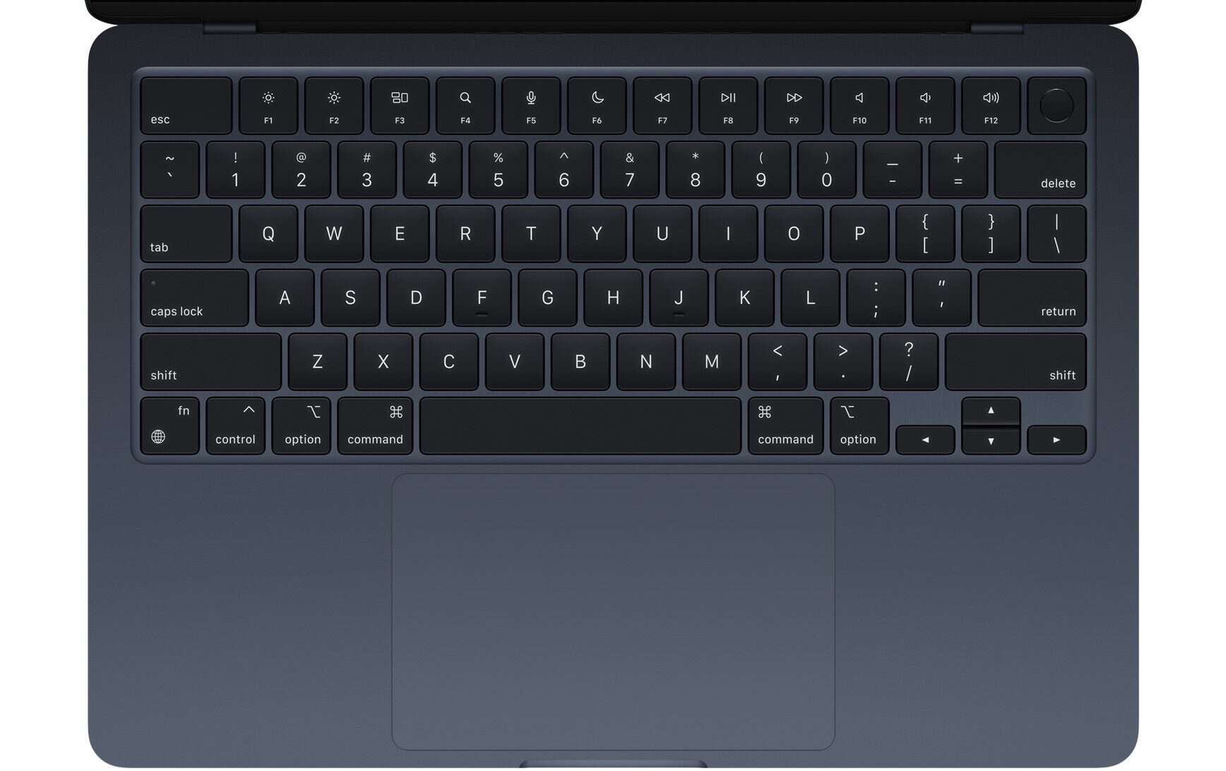 MacBook Air 2022 M2 toetsenbord in middernacht.