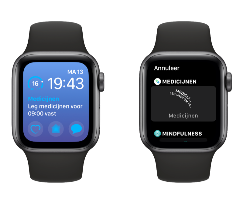 Medicijnen app op Apple Watch met complicaties voor wijzerplaat.