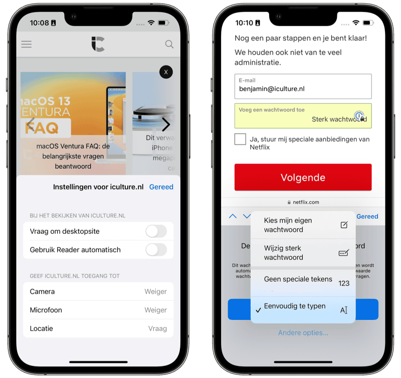 Safari 16 in iOS 16: website instellingen en wachtwoord wijzigen.