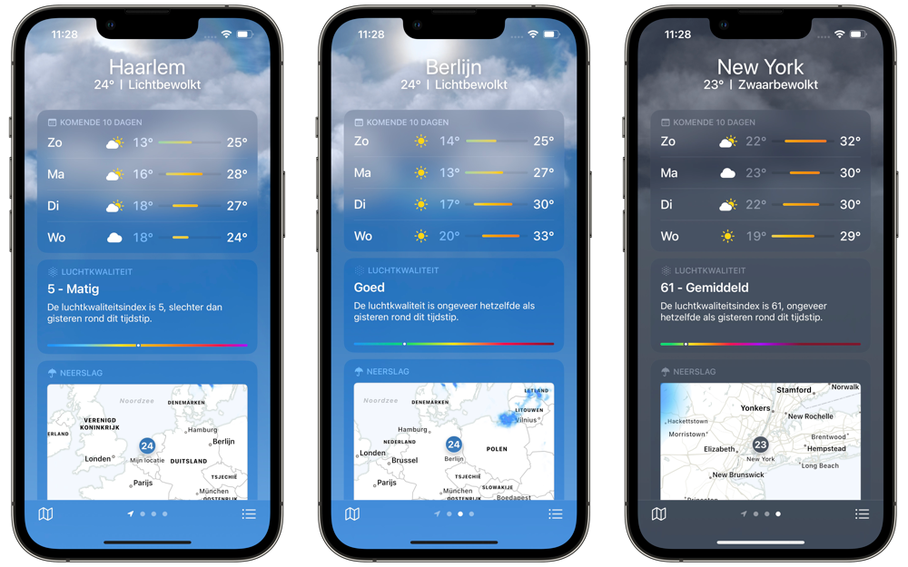 Luchtkwaliteit in de Weer-app op de iPhone in diverse steden in iOS 16