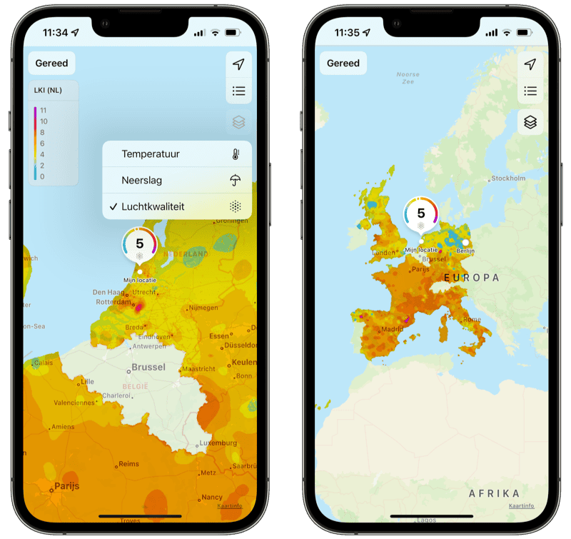 Luchtkwaliteit in de Weer-app bekijken op een kaart met kleuren