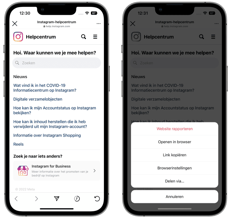 Instagram in-app browser met optie om te openen in eigen browser