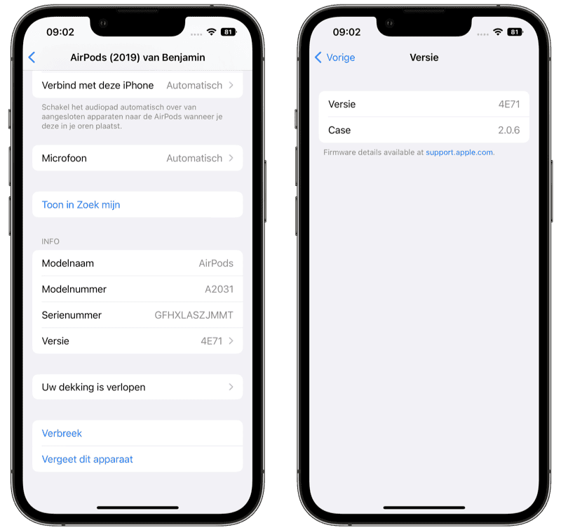 AirPods firmware pagina in iOS 16