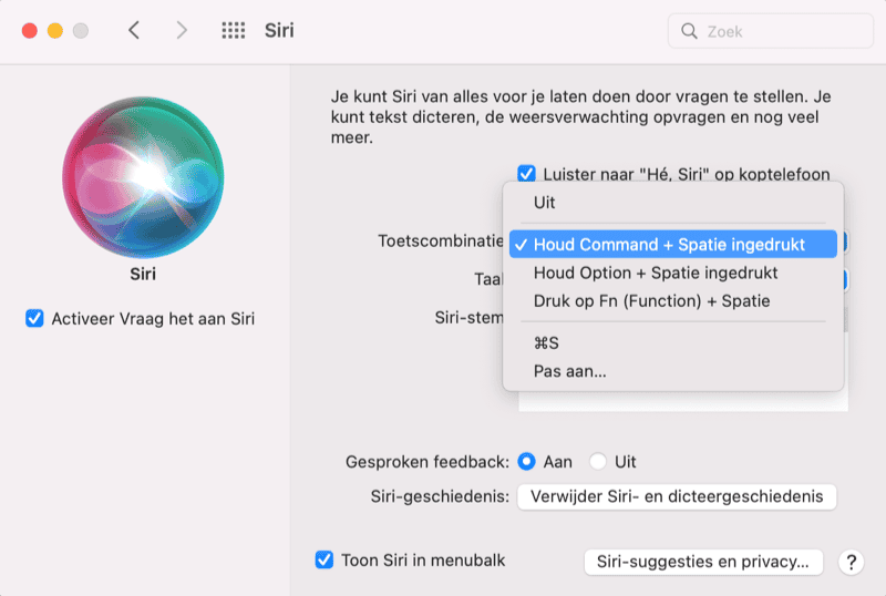 Siri Mac toetscombinatie instellen