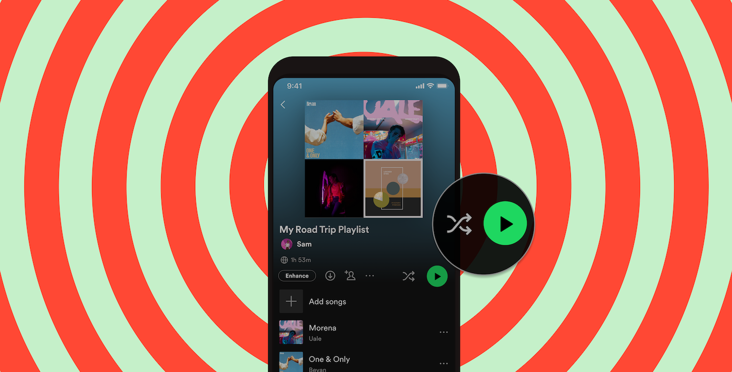 Spotify muziek afspelen in standaard of willekeurige volgorde met shuffle-knop