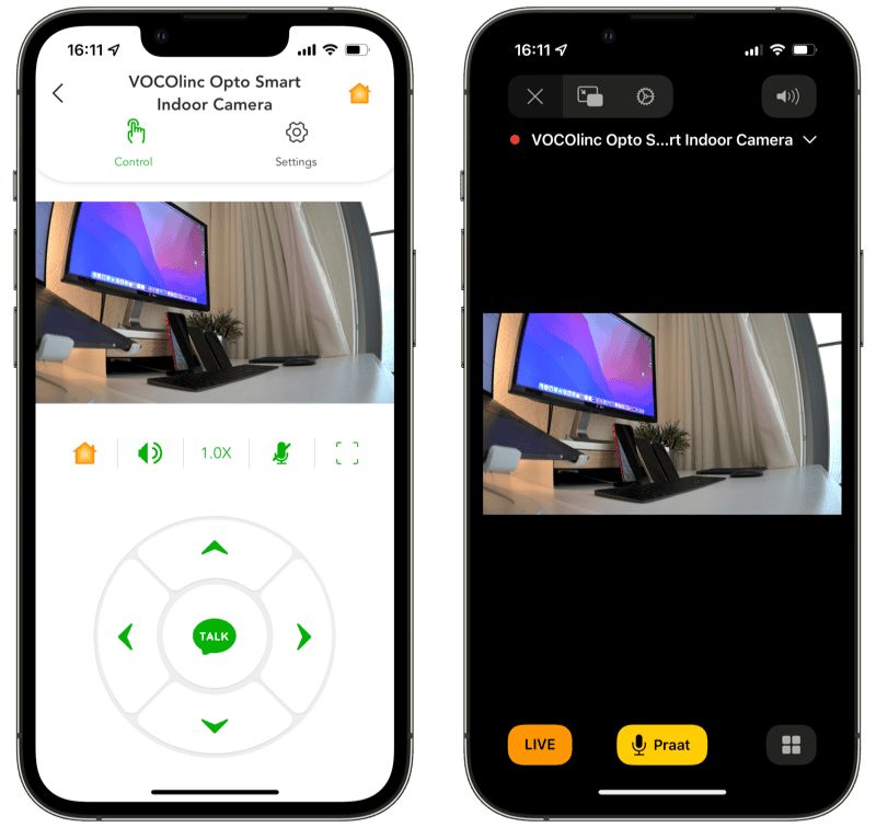 Beelden van stream bekijken met VOCOlinc Opto Smart Indoor Camera VC1 via VOCOlinc-app en Woning-app